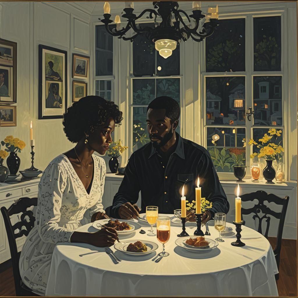 Couple's Intimate Dinner in Modern Figurative Style