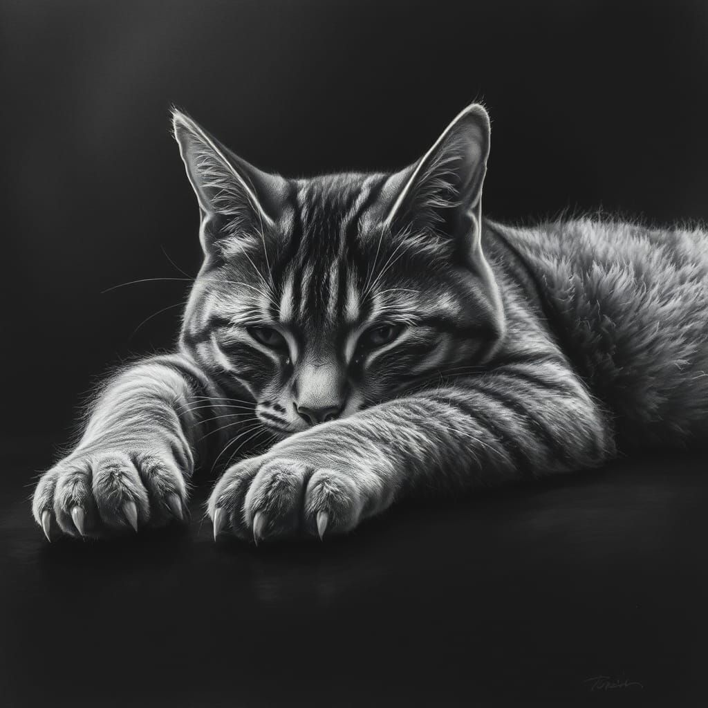 Hyperdetailed Charcoal Cat Stretching in Dramatic Lighting