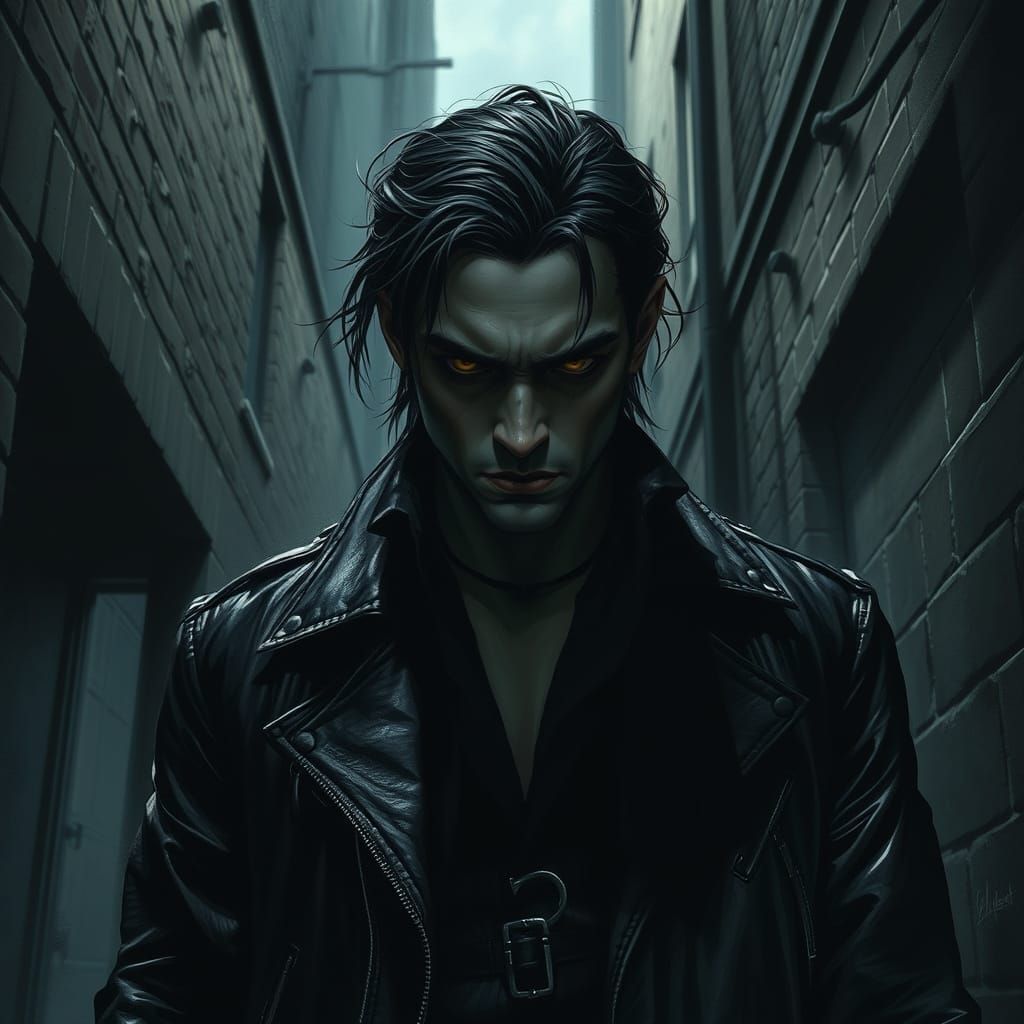 Vampire in Leather Jacket: Gothic Noir Illustration