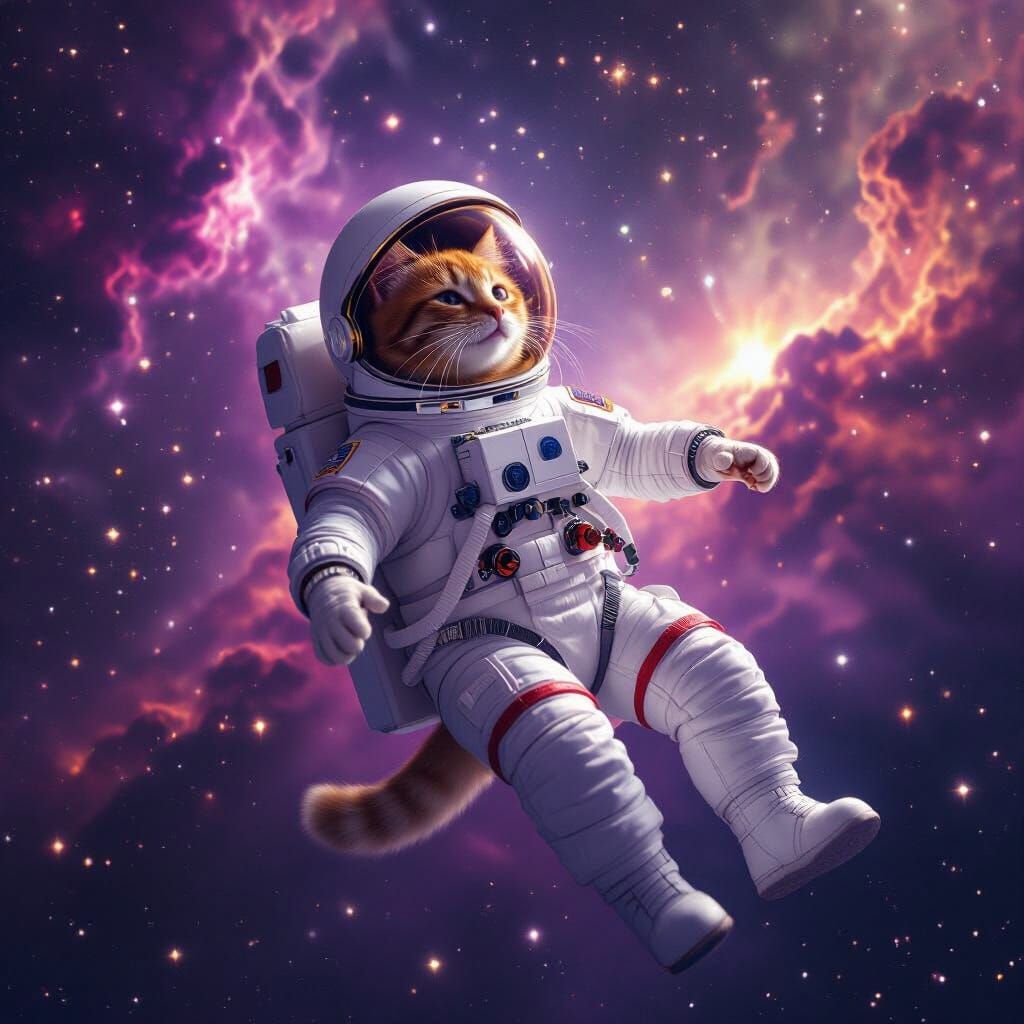 Ginger Cat Astronaut Floats in Purple Nebula