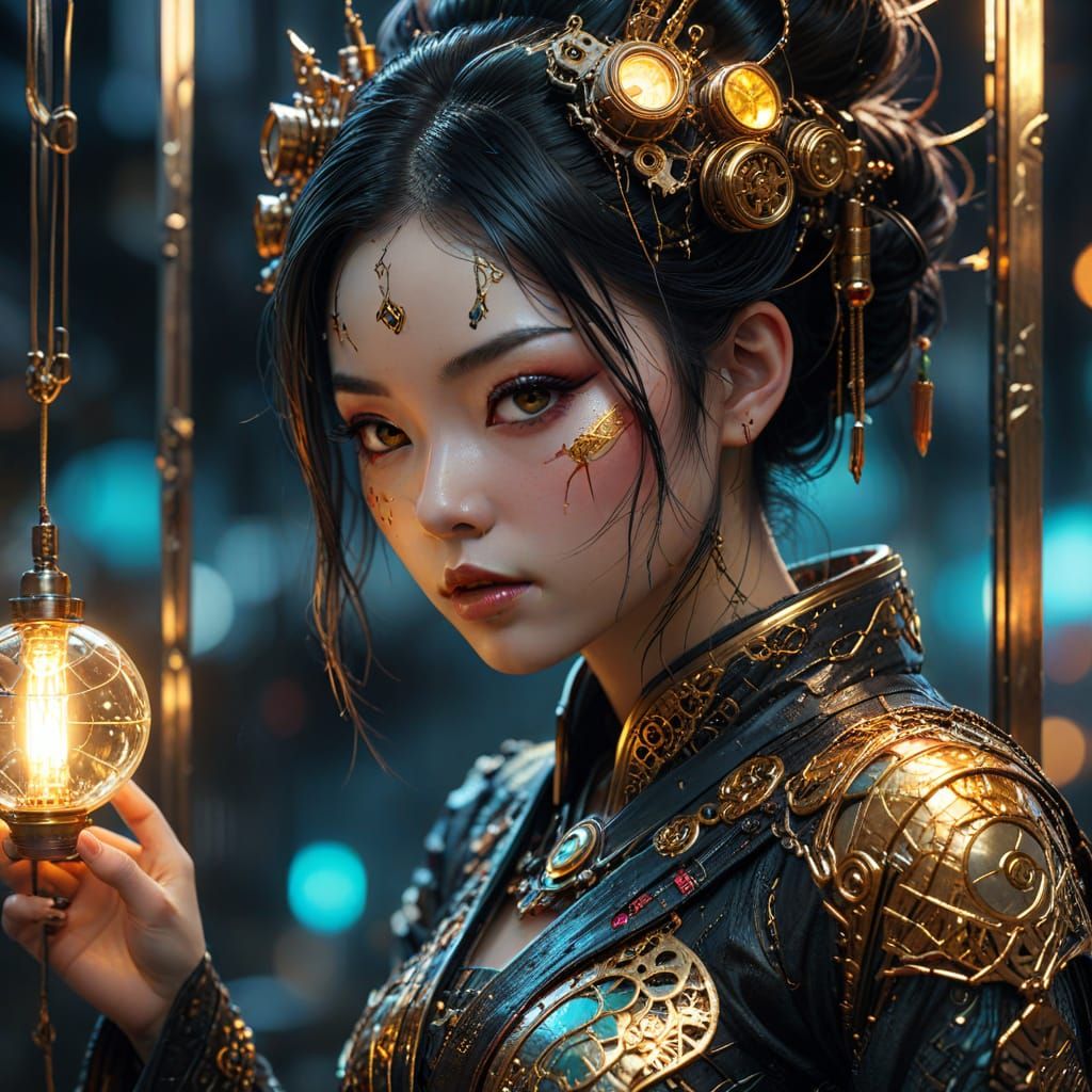 Cyberpunk Geisha Touches Mirrored Reflection