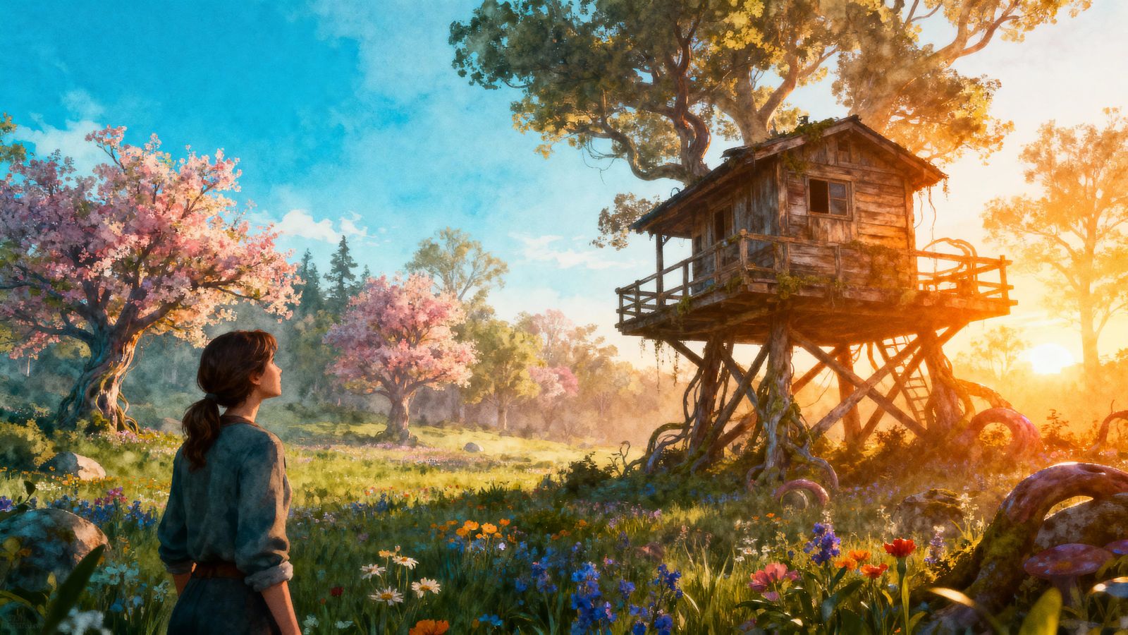 Magical Spring Landscape with Cabin at Sunset