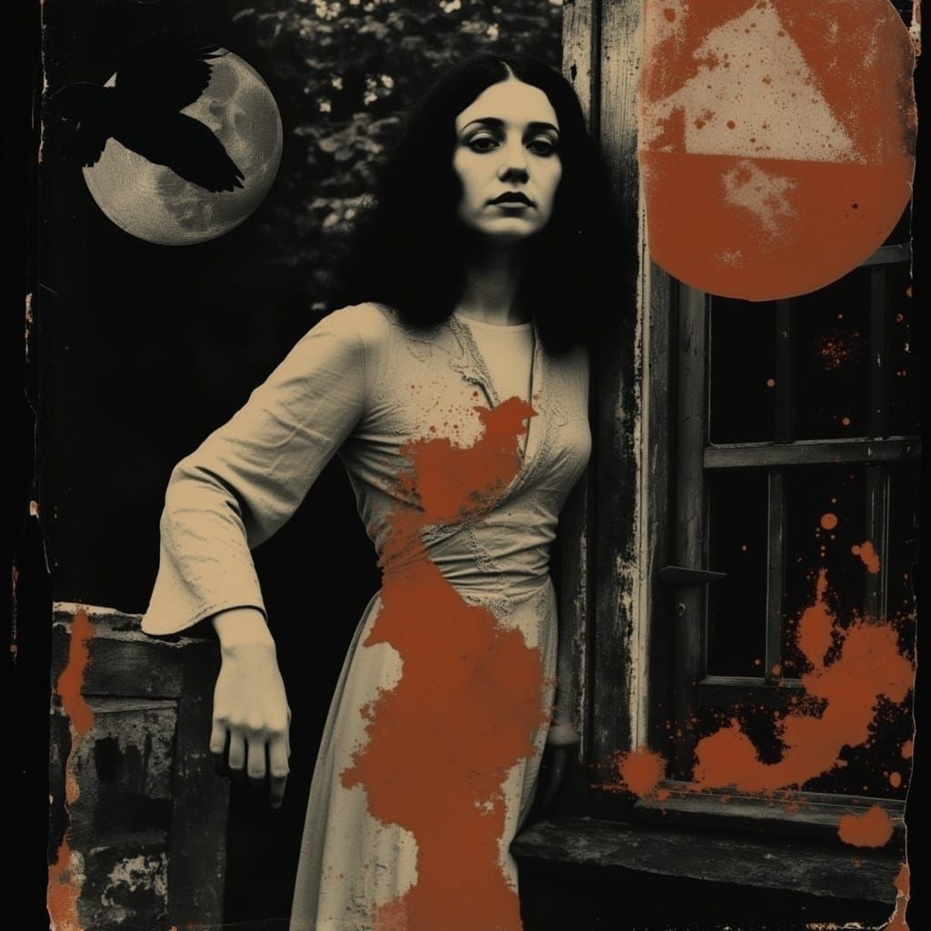 Vintage Woman Standing by a Window in Early Color Photograph...