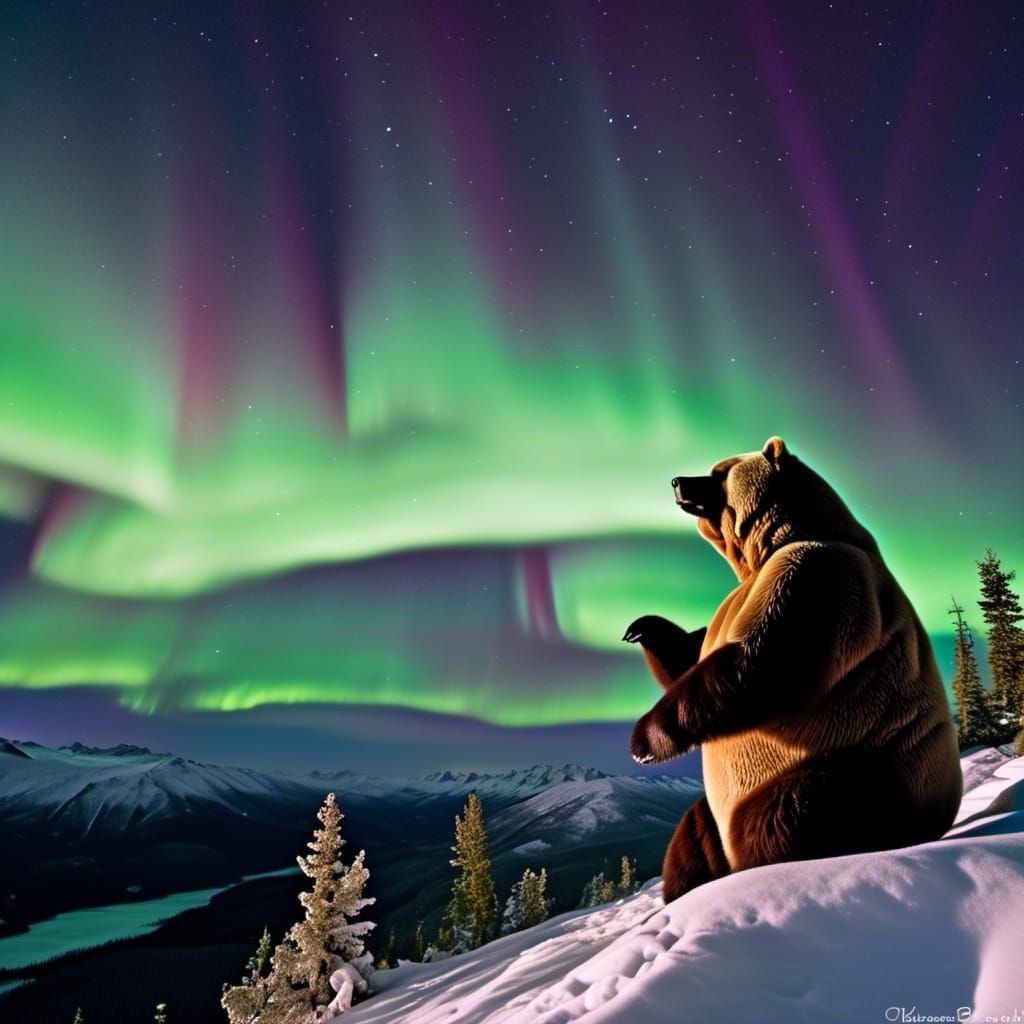 Timber Bear Howling at Moonlit Aurora