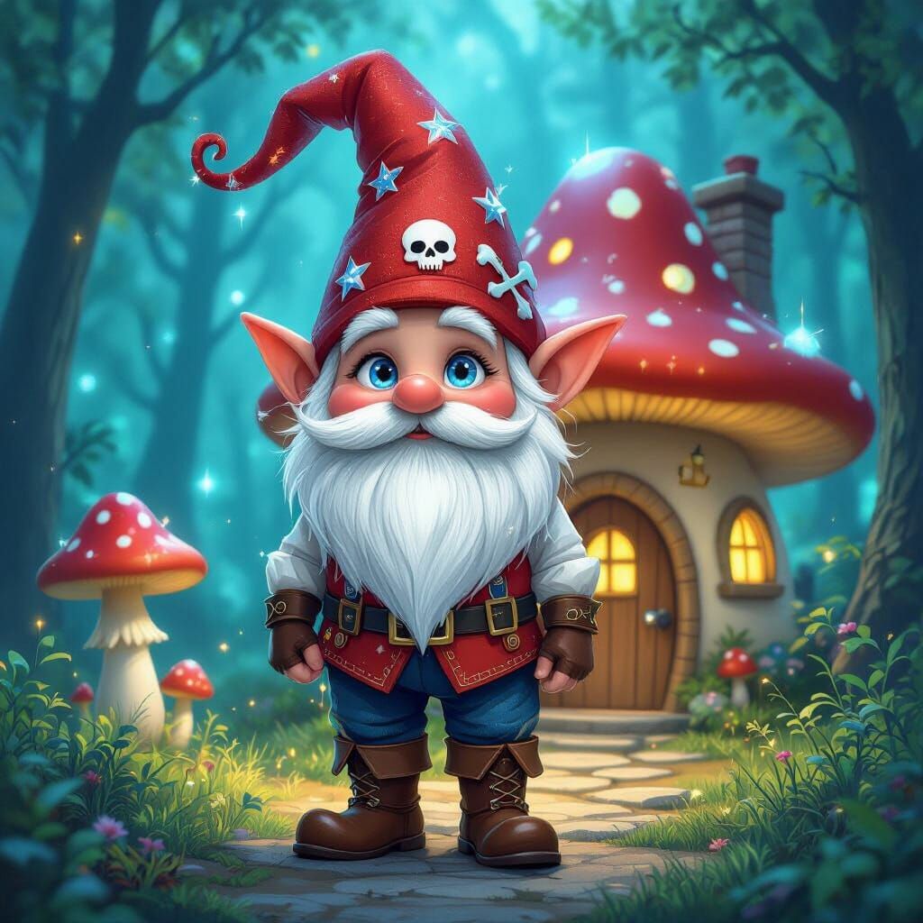 Gnome in Bioluminescent Forest, Ghibli-Amano Style