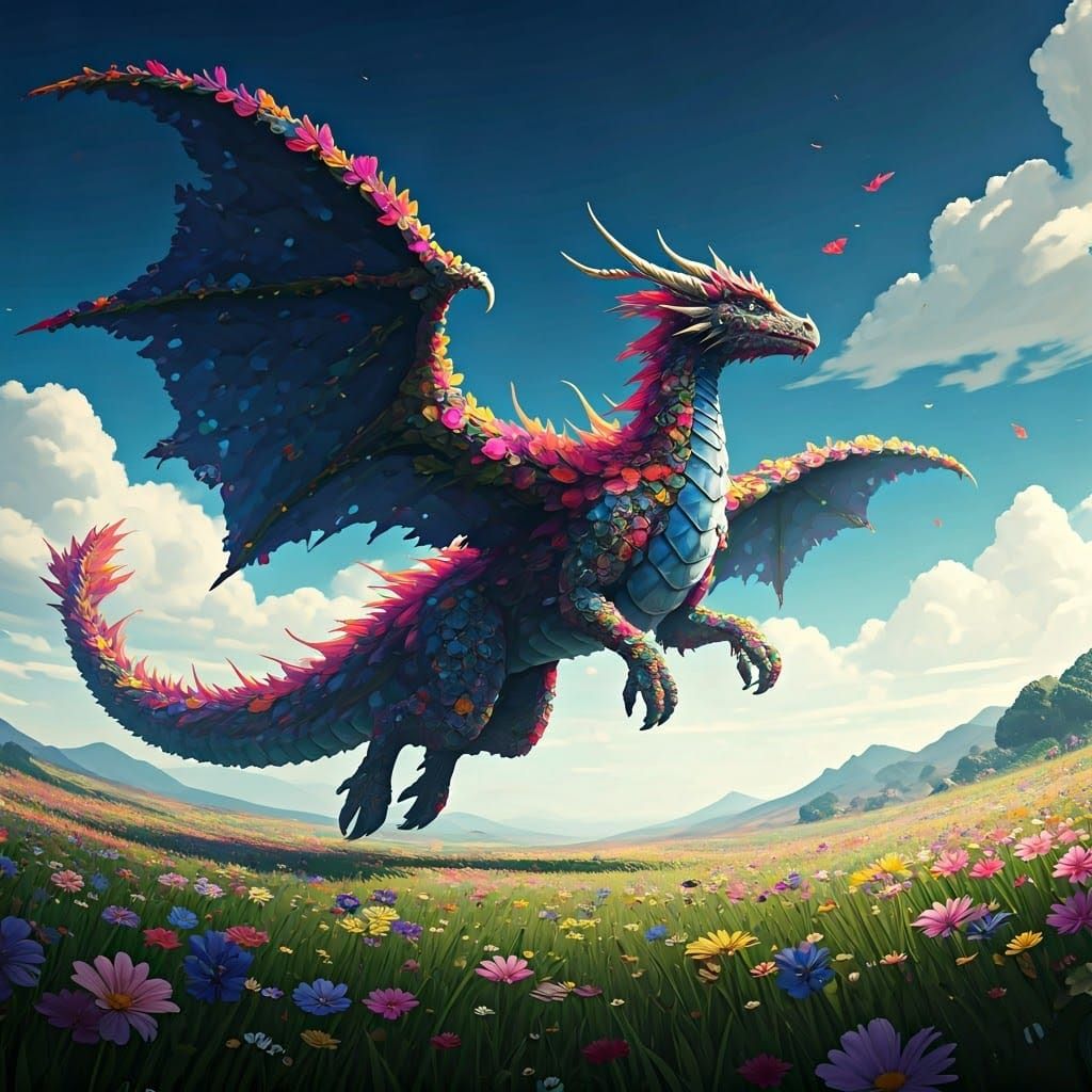 Majestic Dragon Soars Over Lush, Vibrant Meadow