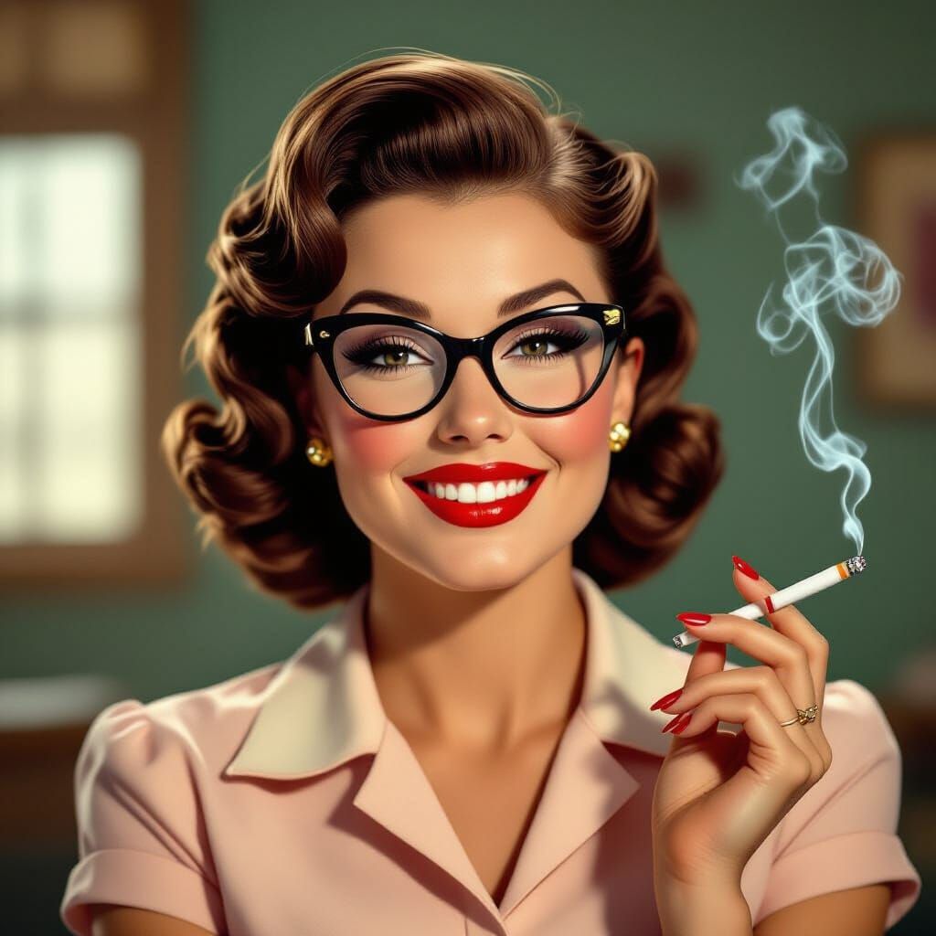 1950s Pinup Teacher with Cat-Eye Glasses in Vintage Style