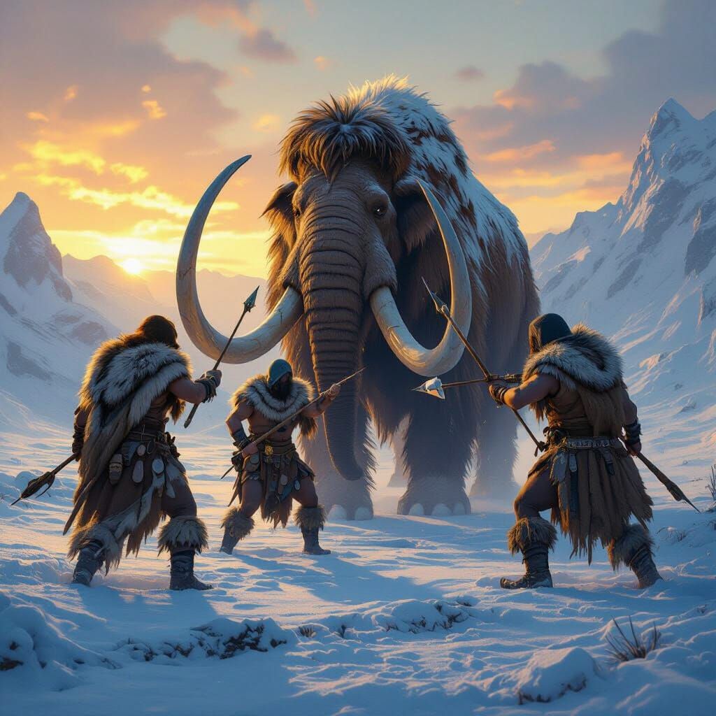 Cro-Magnons Hunt Wooly Mammoth in Fantasy Landscape