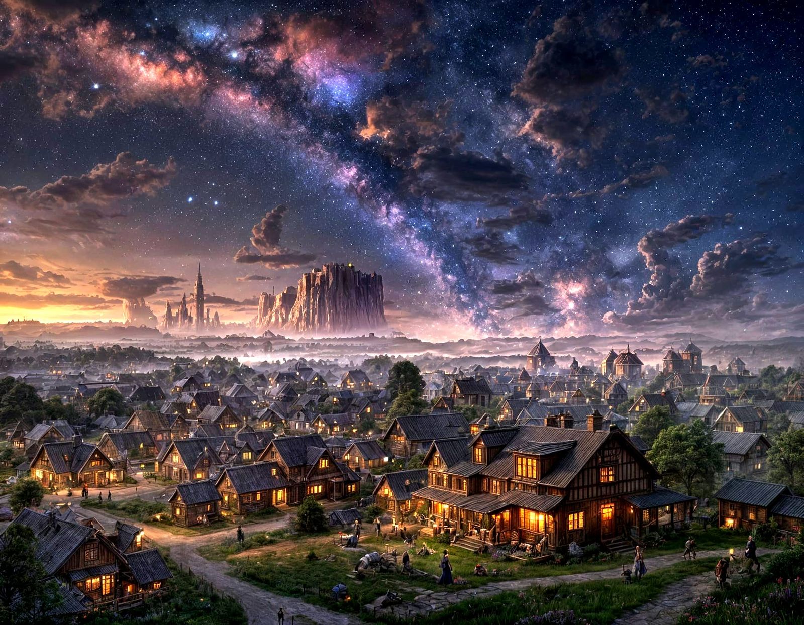 Enchanted Steampunk Farm Village Under Nebula Sky