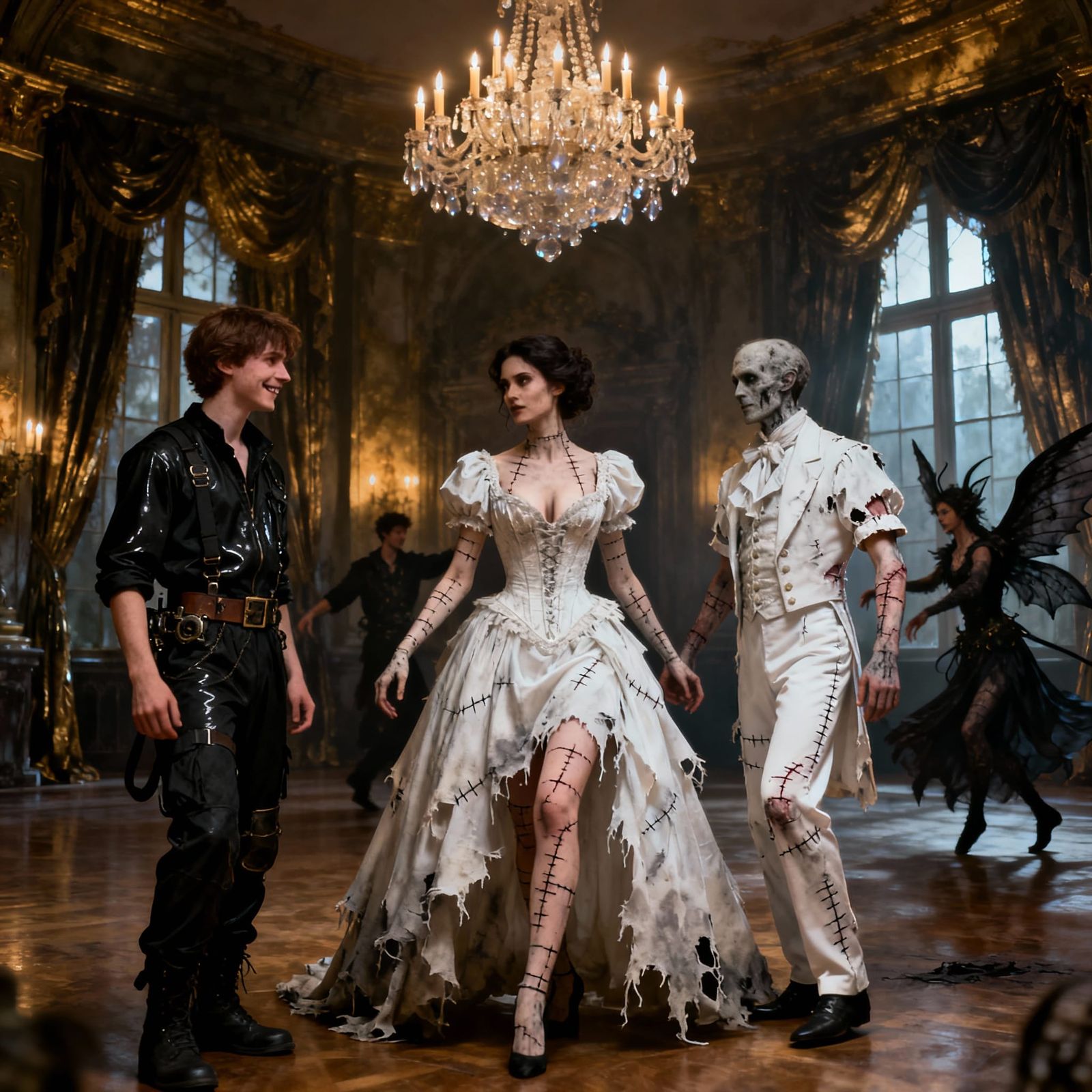 Gothic Ballroom Scene with Steampunk Reanimated Figures