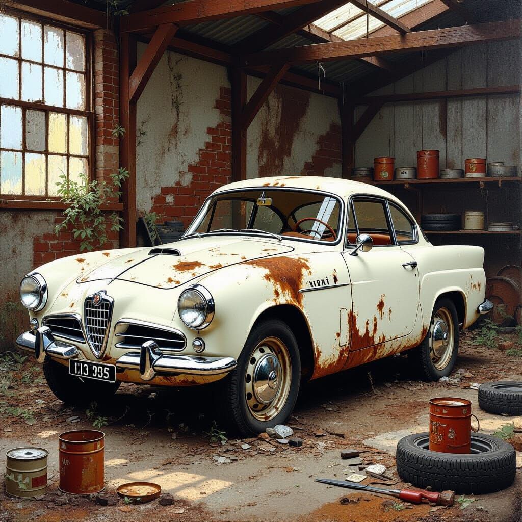 Abandoned 1960 Alfa Romeo in Rusty Workshop Oil Painting