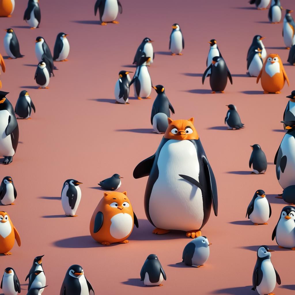 Fat Cat and Penguin Friends: Pixar-Style 3D Render