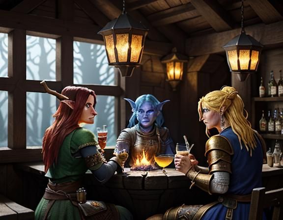 Female Goblins Drinking Cocktails in Fantasy Tavern