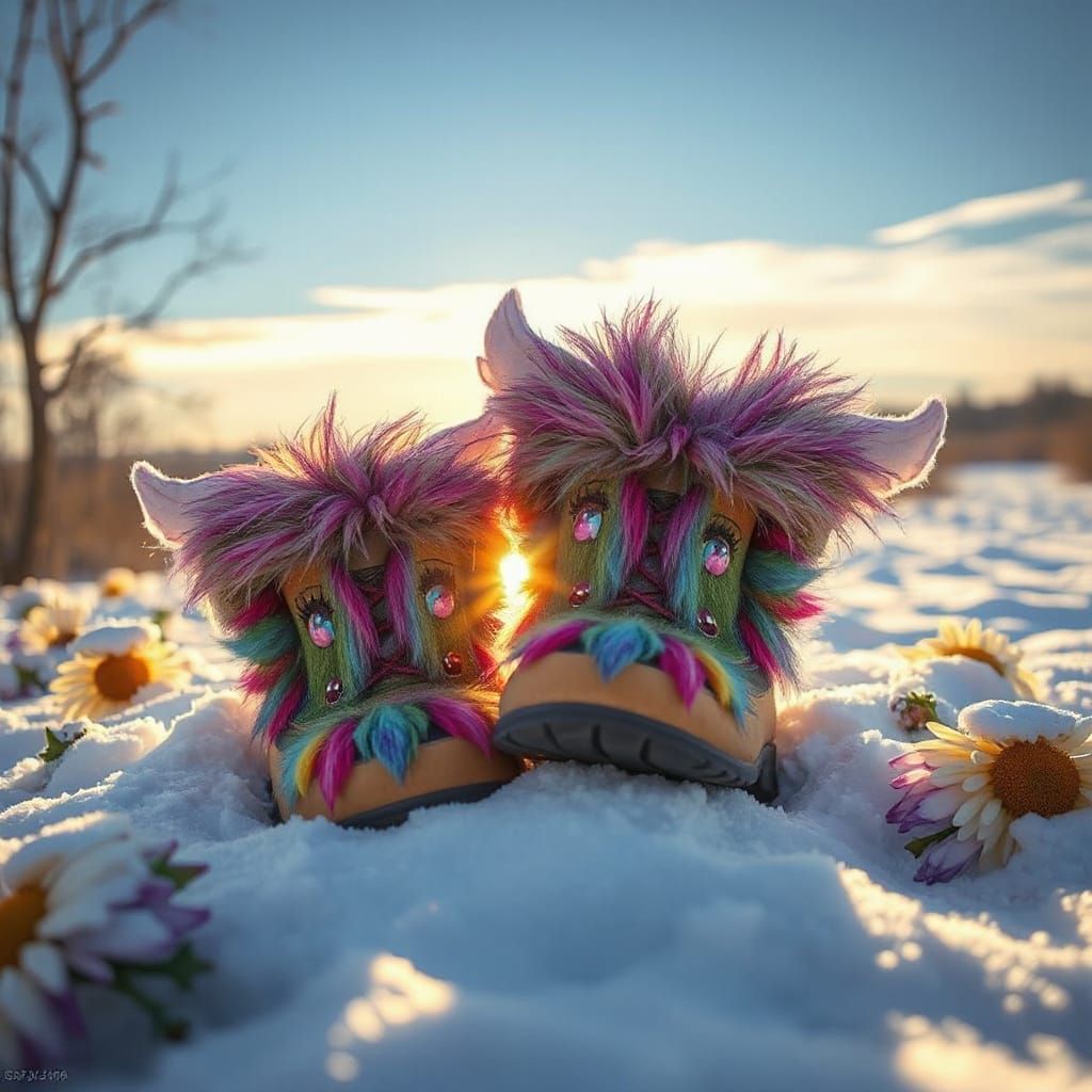 Whimsical Fur Winter Boots in Snowy Landscape
