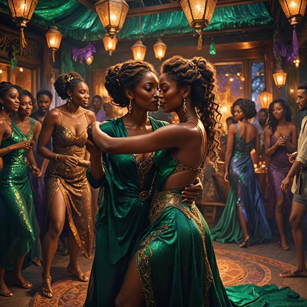 Intimate Party Scene in Emerald, Amber, and Blue