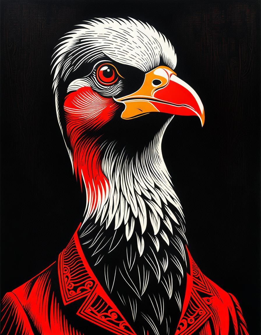 Red and Black Bird in Woodcut Style
