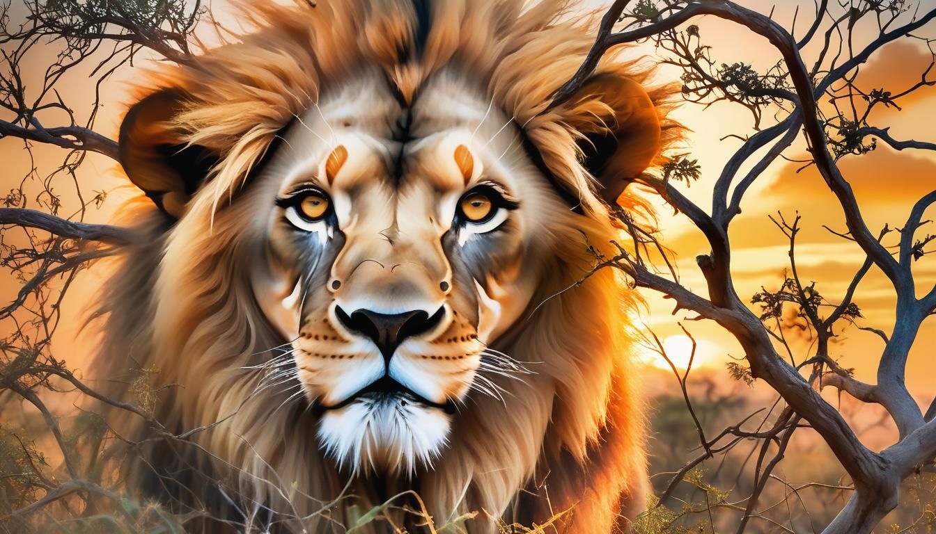 Surreal Lion Savannah Double Exposure Portrait