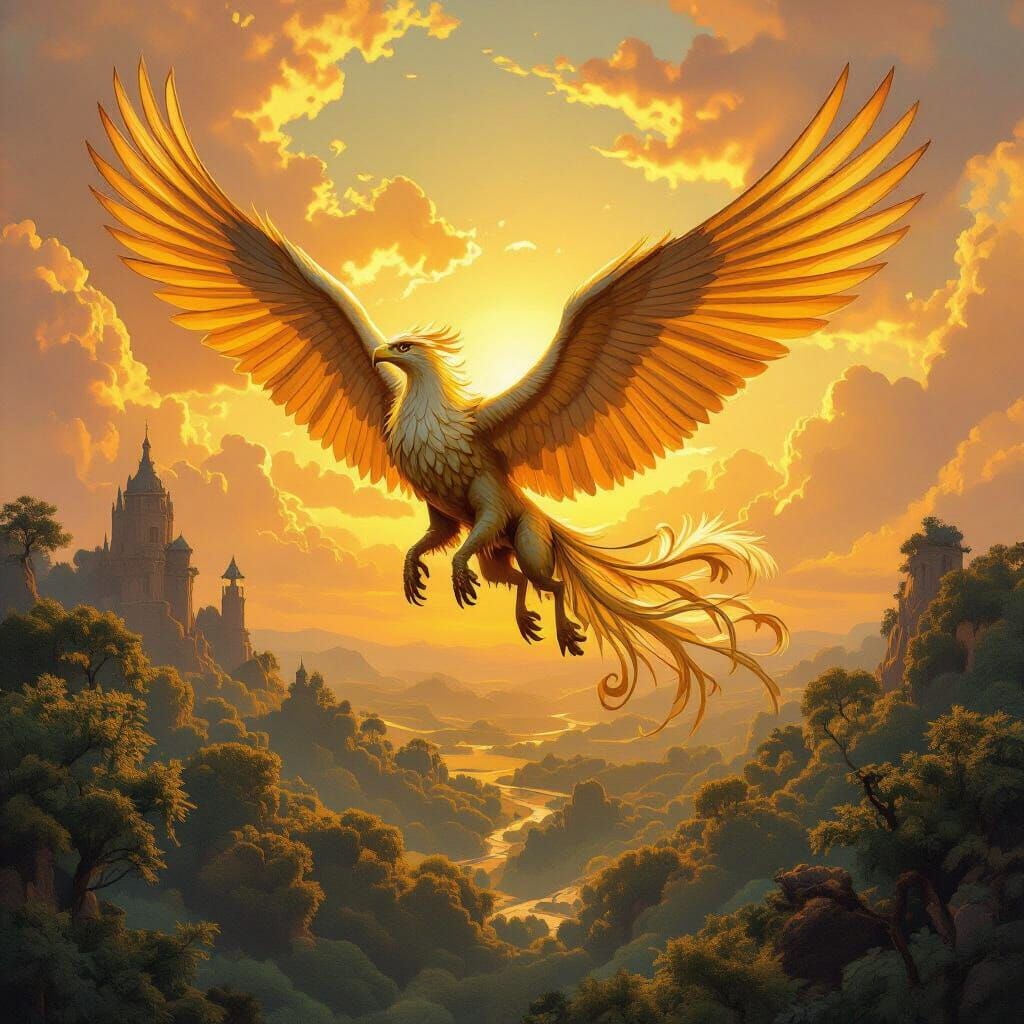 Griffin Soaring Over Ancient Forest in Fantasy Style