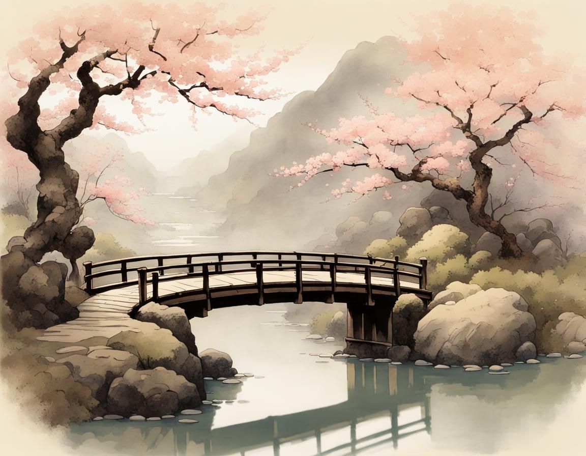 Zen Garden Spring in Ink Painting Style