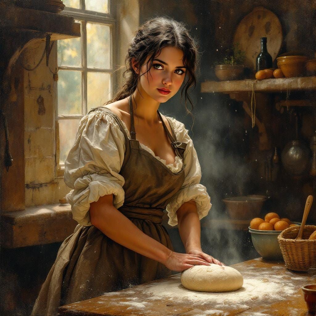 English Baker Kneading Dough in Art Nouveau Style