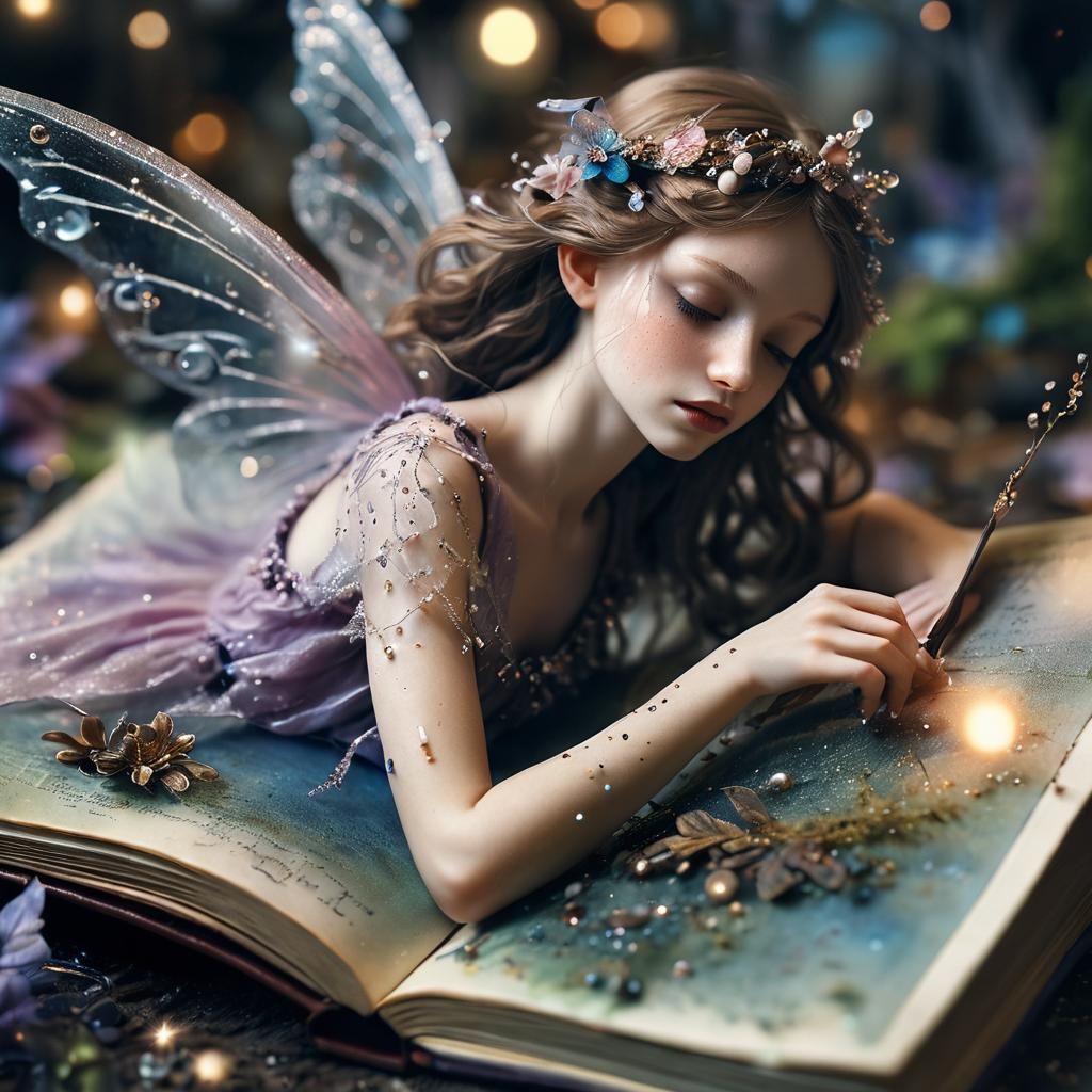 Fairy Asleep on Magic Book Page in Watercolor Style