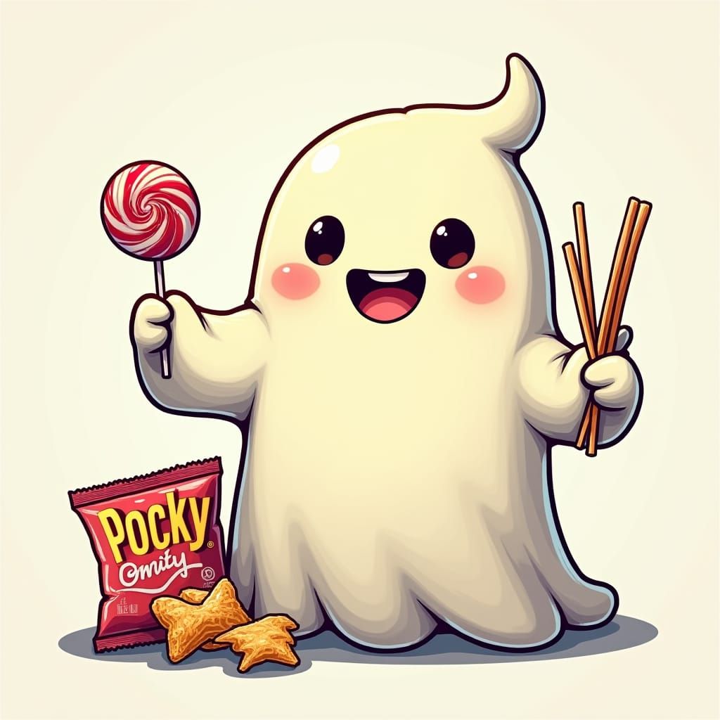 Playful Ghost with Snacks in Anime Comic Style