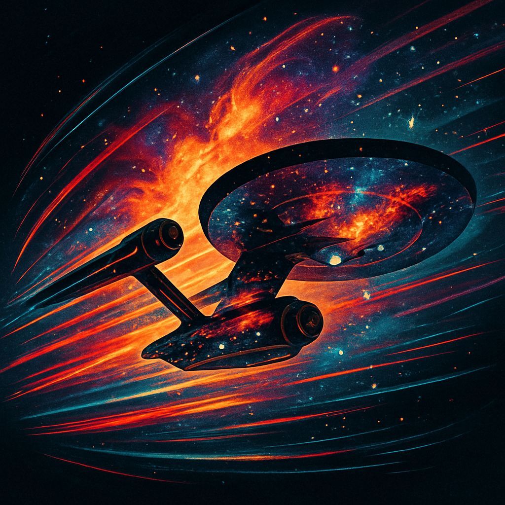 Starship in Motion with Cosmic Nebulae Double Exposure