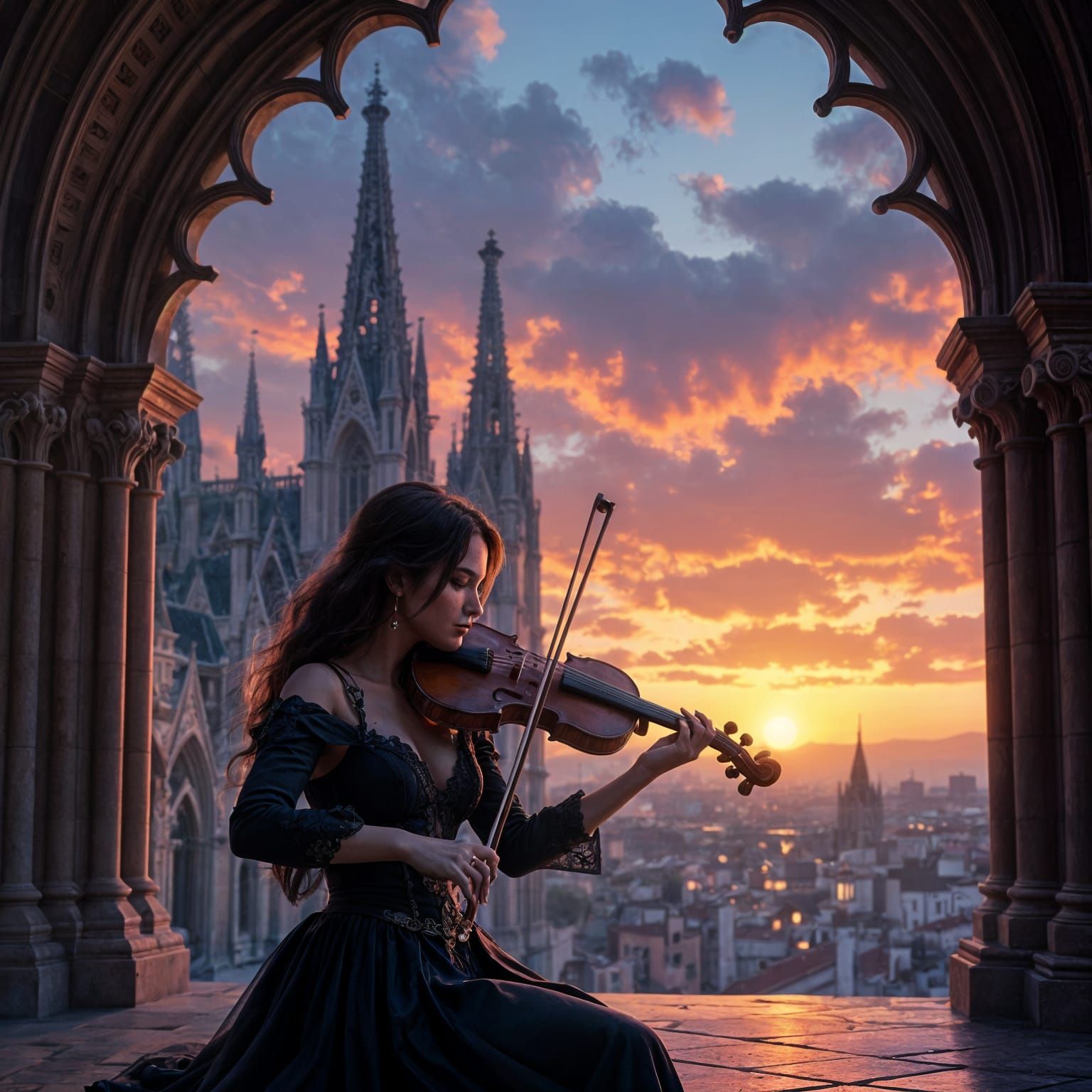 Violinist in Catalan Cathedral at Surreal Sunset