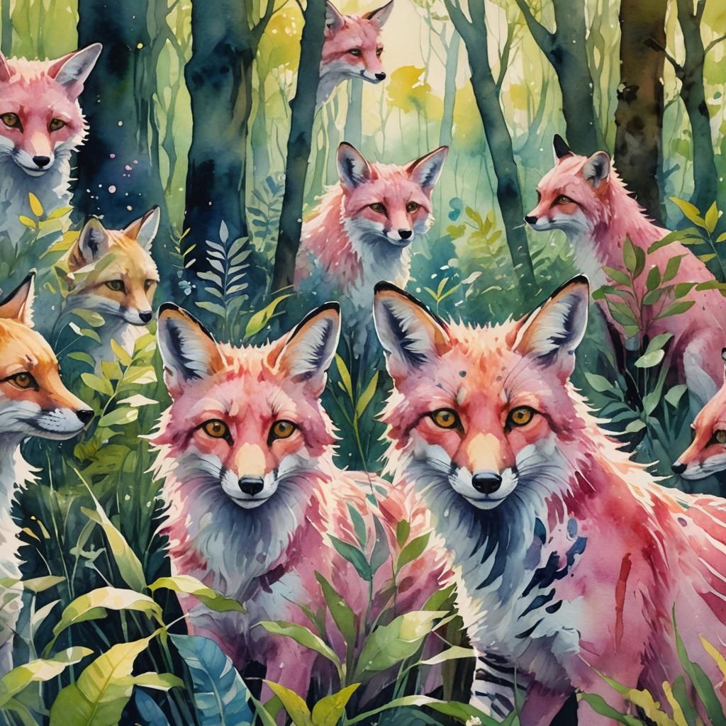 Pink Zebra Foxes in Watercolor Forest