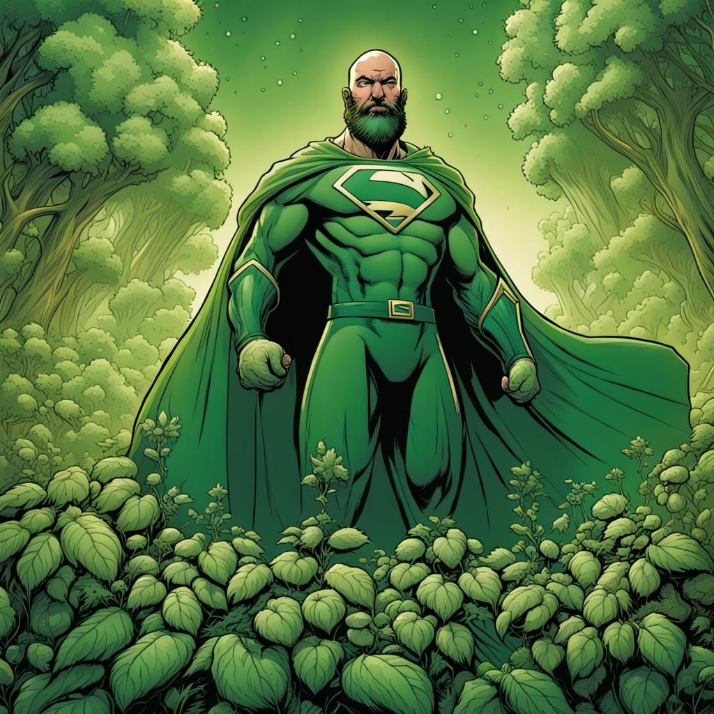 Green Superhero with Hops, Comic Book Art
