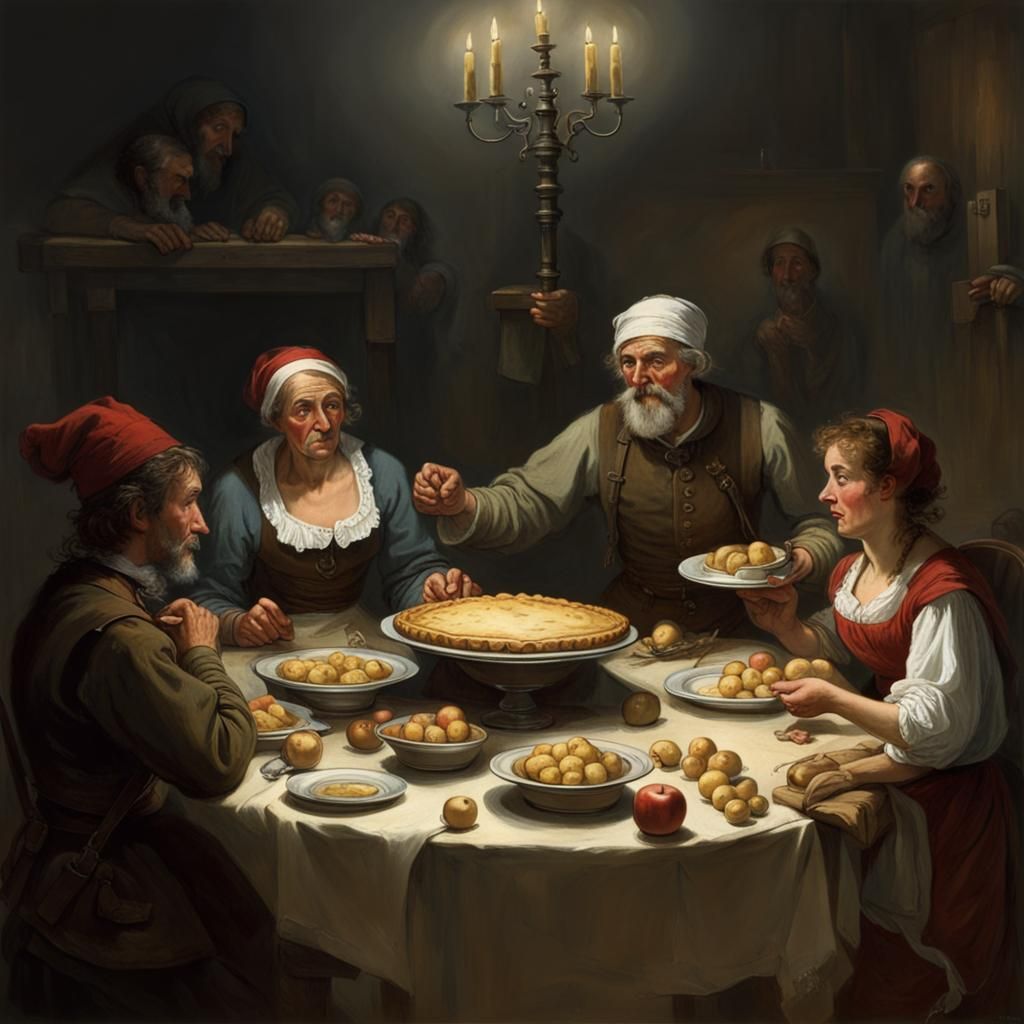 Festive Peasant Dinner with Pies in Dark Style