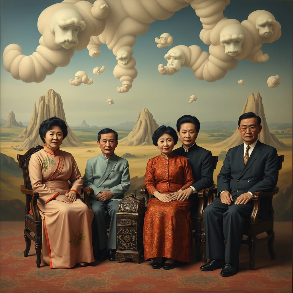 Surrealist Chinese Family Portrait in Dreamlike Landscape