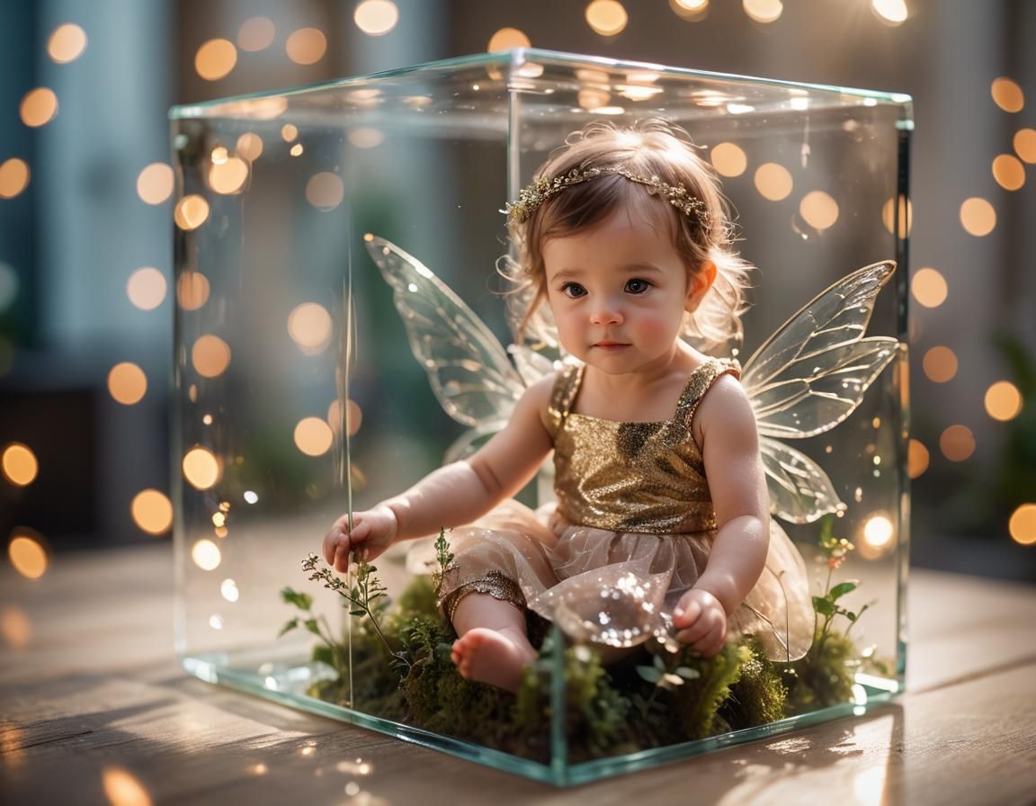 Adorable Little Fairy Inside a Glass Cube