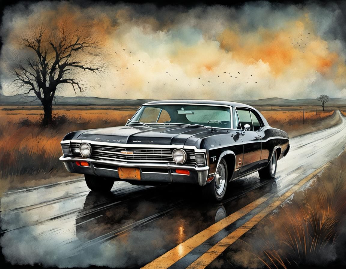 Black 1967 Impala on Open Road: Ink Illustration