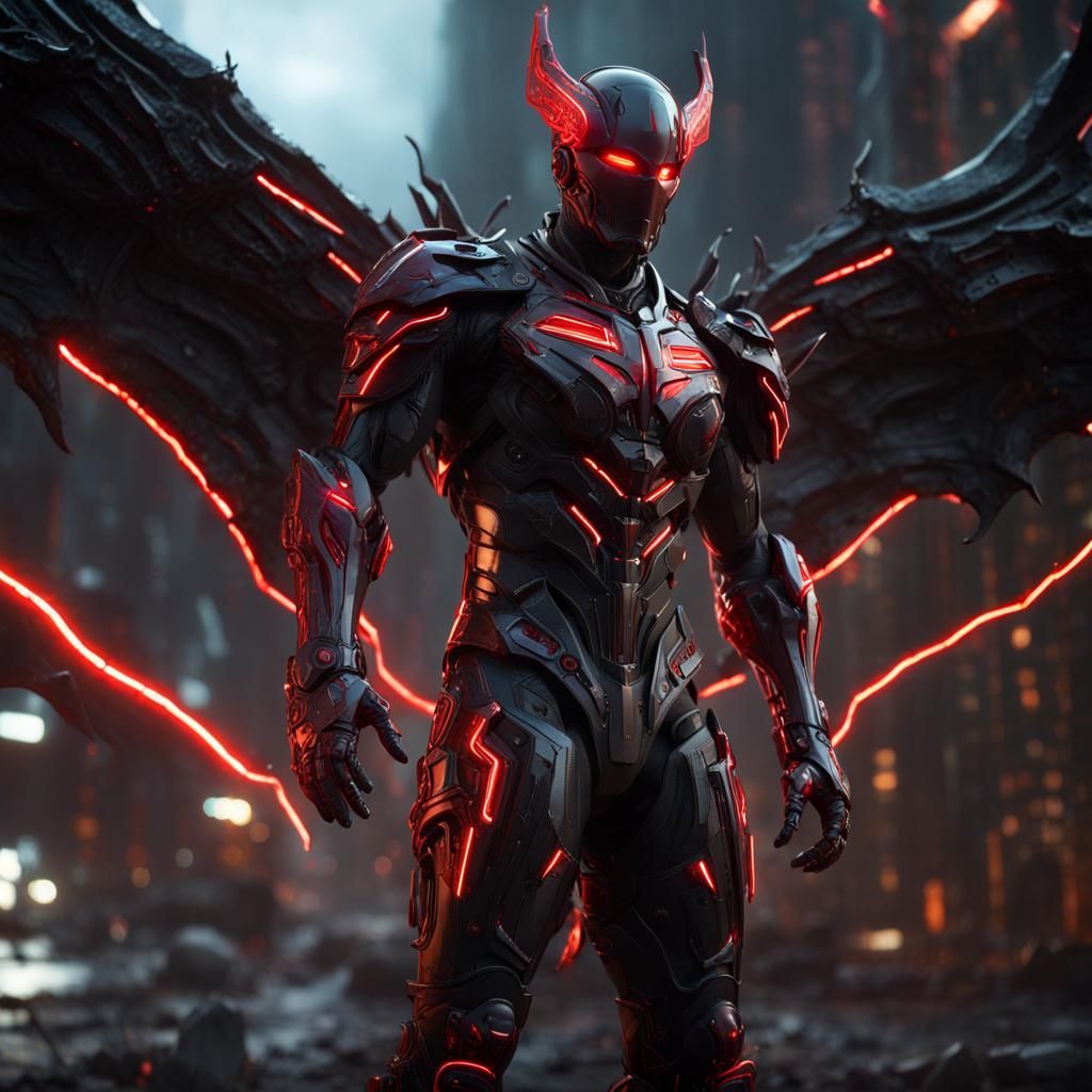 Cybernetic Superhero with Demon Wings in 8k