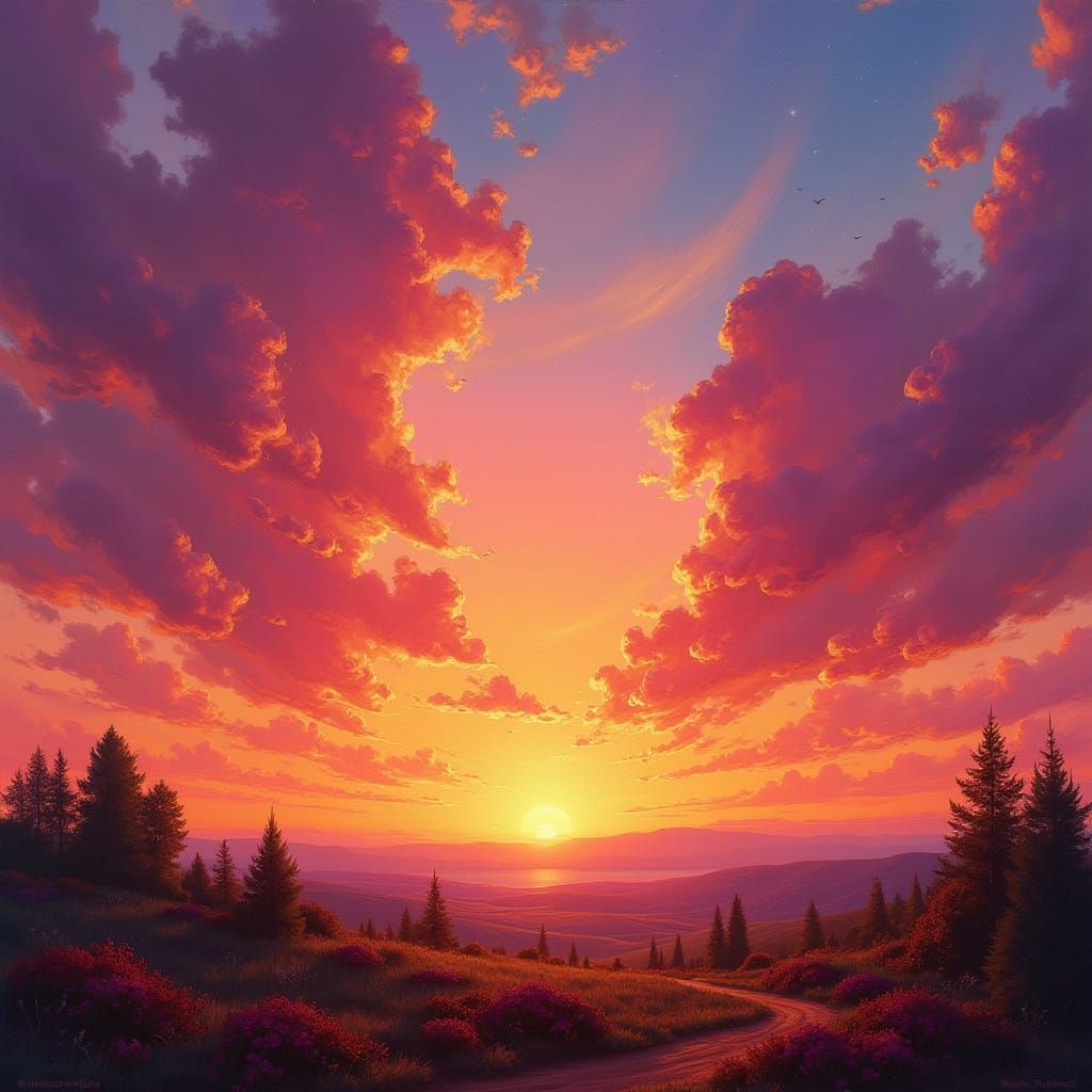 Warm Sunset Landscape in Dreamlike Oil Painting Style