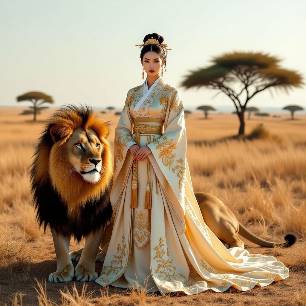Golden Princess and Lion in Sun-Scorched Savanna