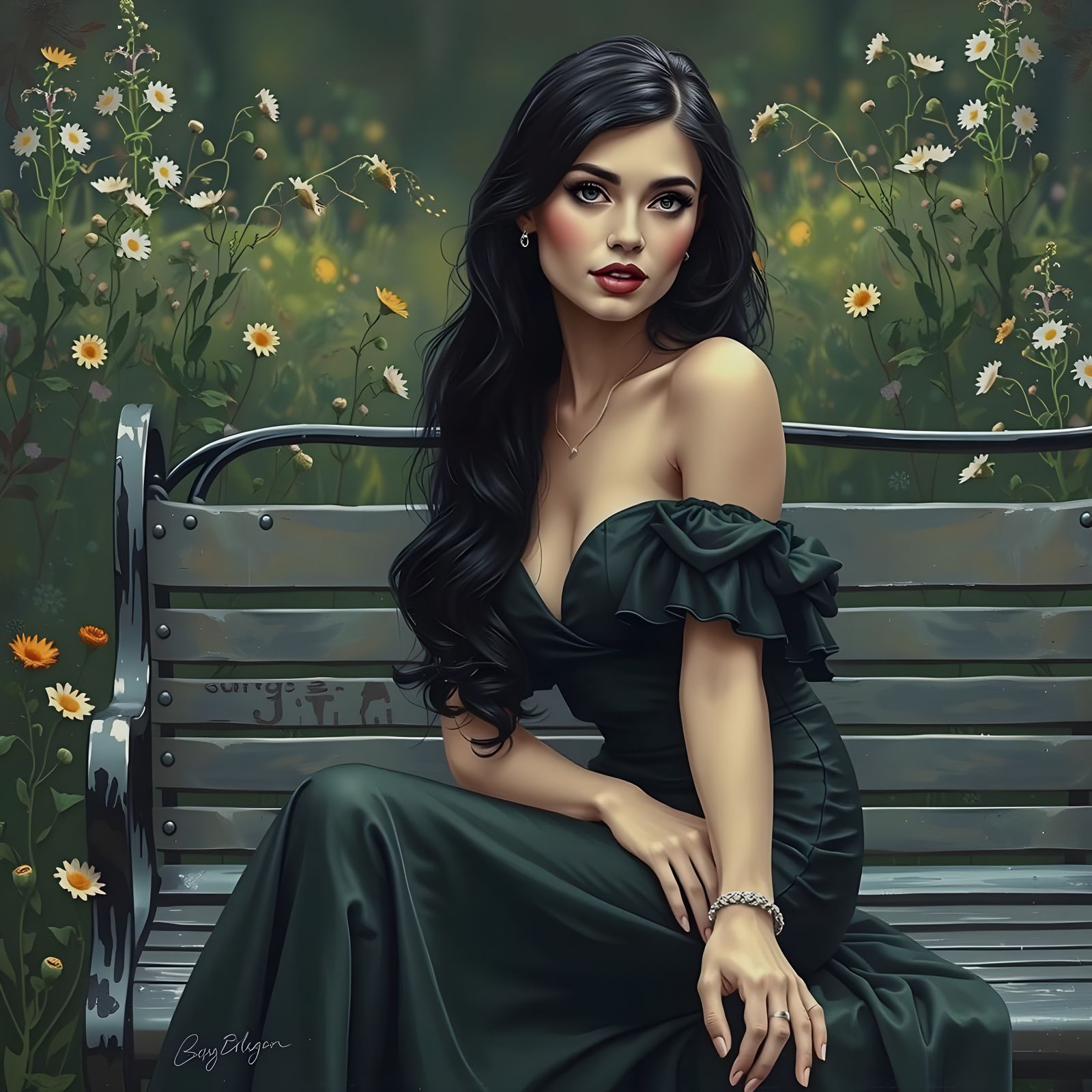 Glamorous Woman in Wildflower Garden Oil Painting