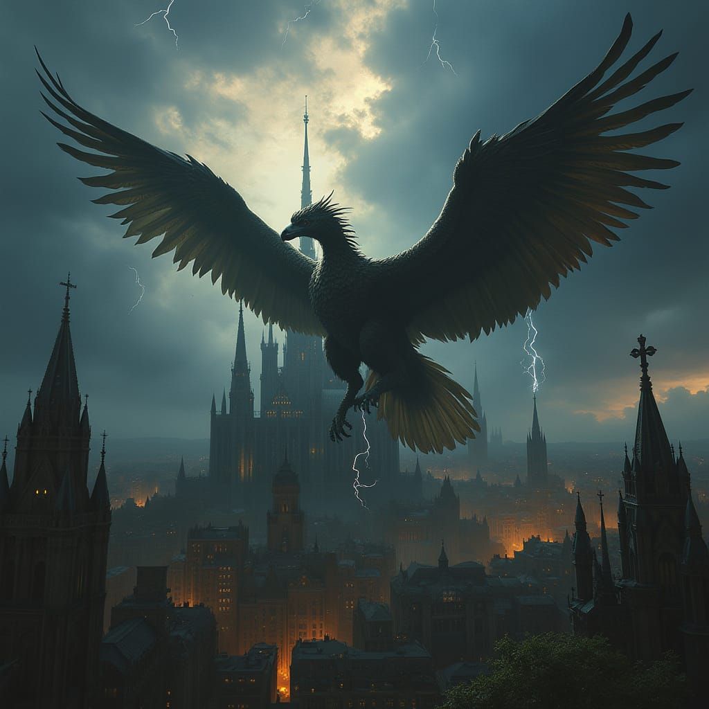 Griffin Soaring Over Gothic Cathedral in Storm