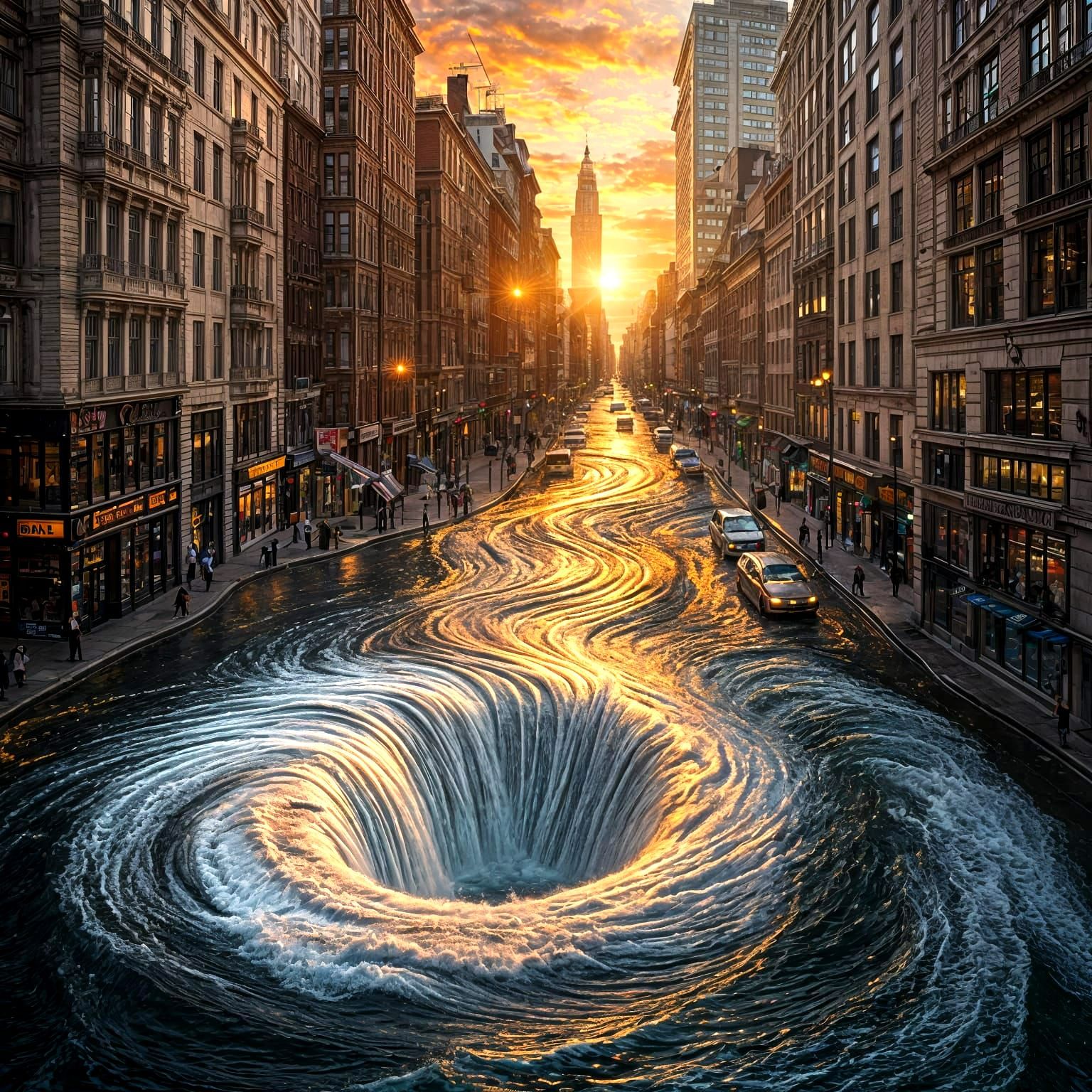 Surreal Cityscape Whirlpool in Sunset Light