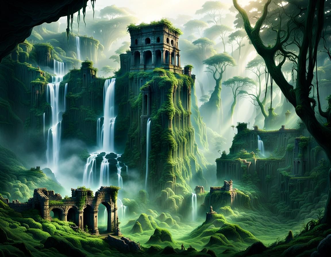 Ethereal Jungle Ruins with Iridescent Waterfall