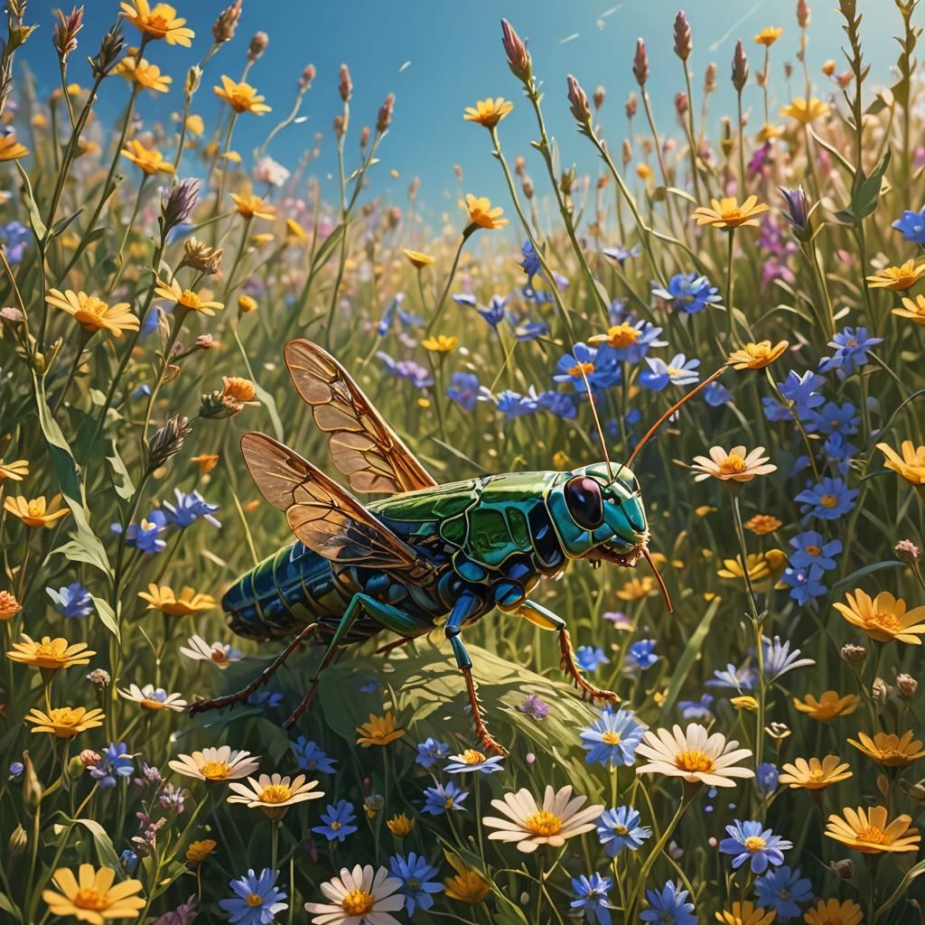 Grasshopper in Wildflower Field: Fantasy Matte Painting