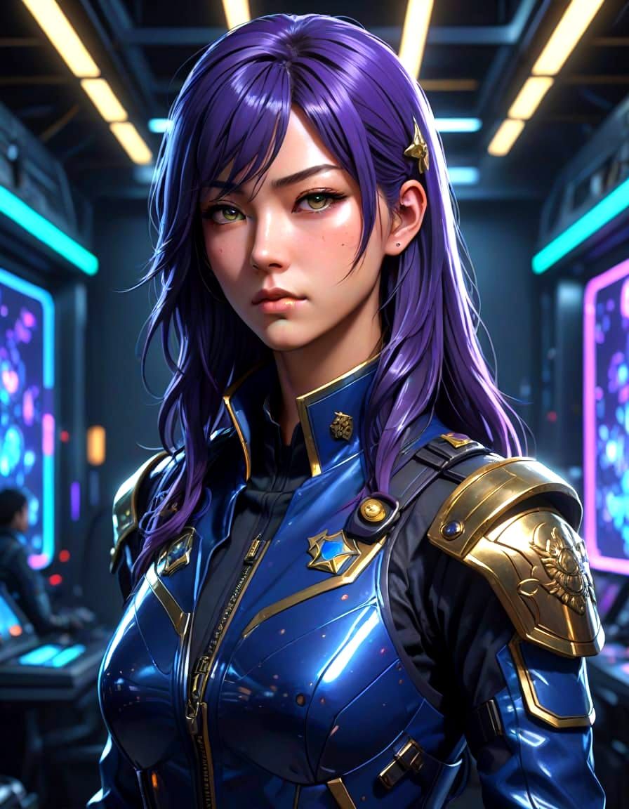 Elegant Anime Warrior in High-Tech Command Center