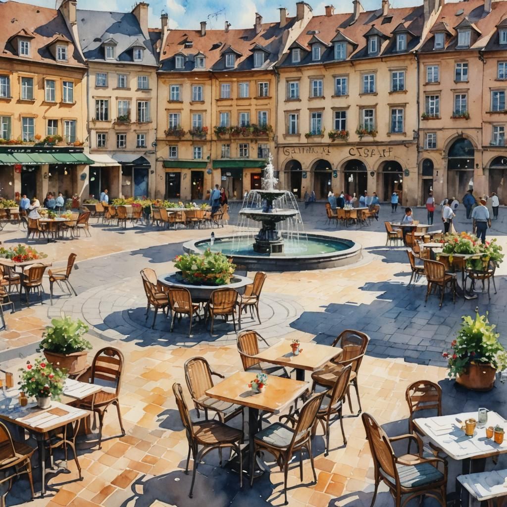 European Square Watercolor Painting with Fountain