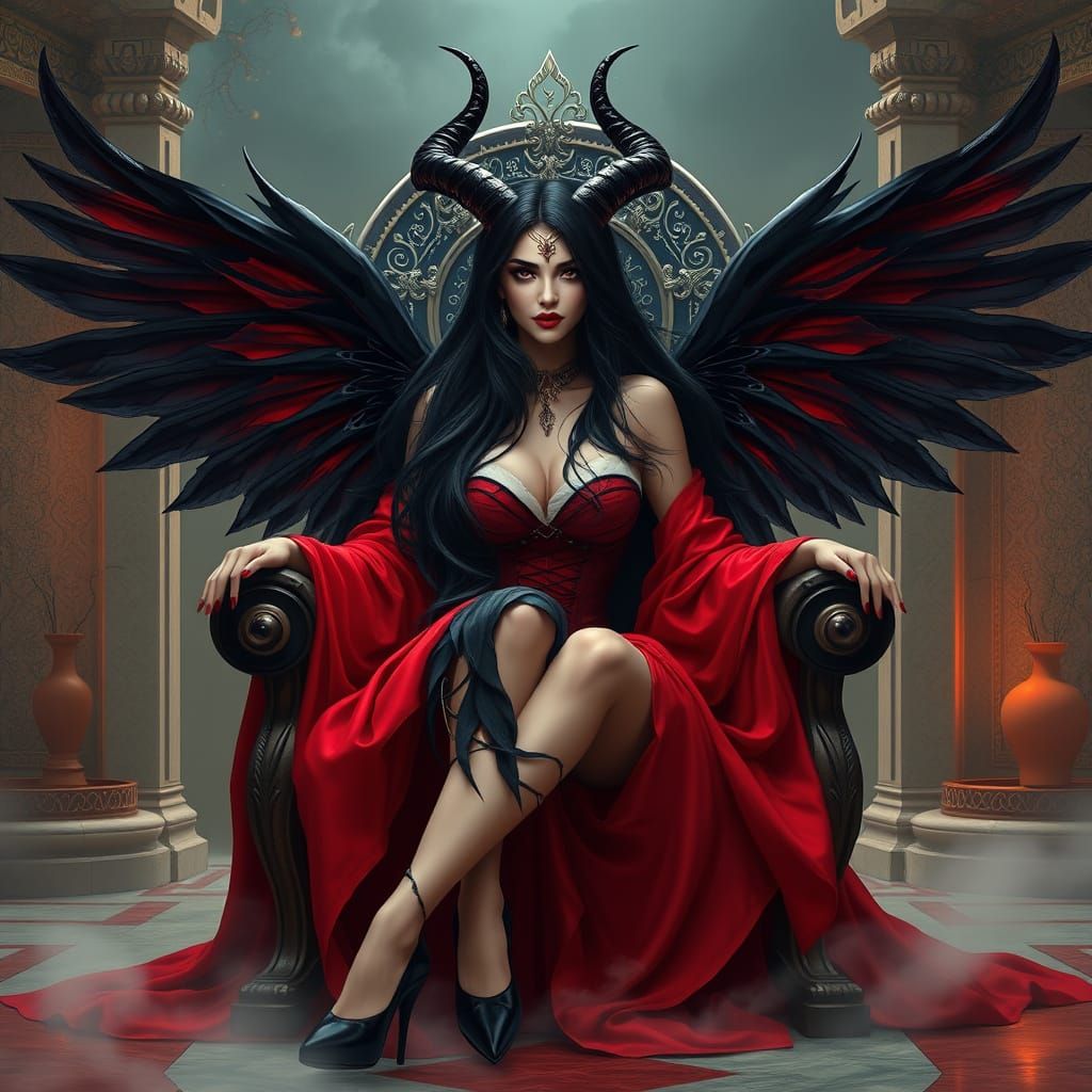 Ethereal Goddess in Red Regalia, Surrounded by Smoke and Mys...