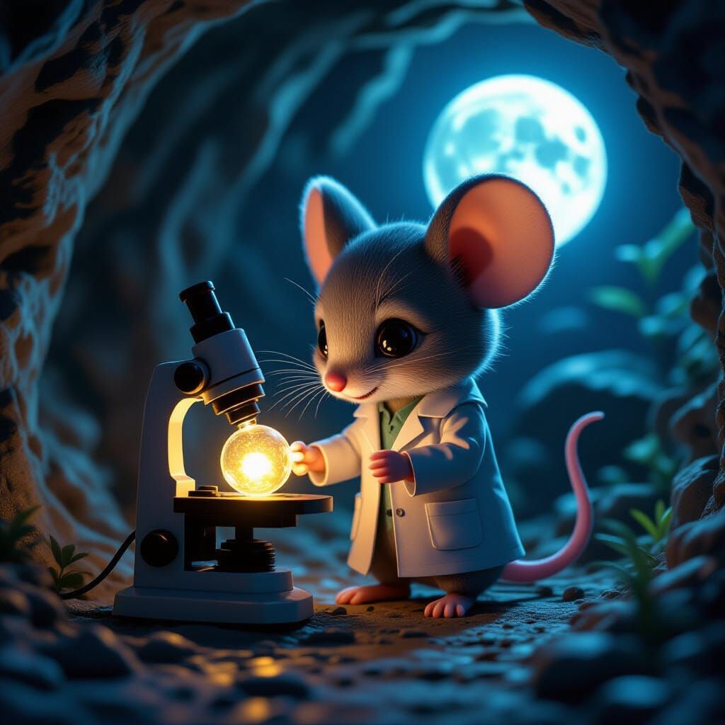 Chibi Mouse Scientist in Underground Lab, Digital Matte Pain...