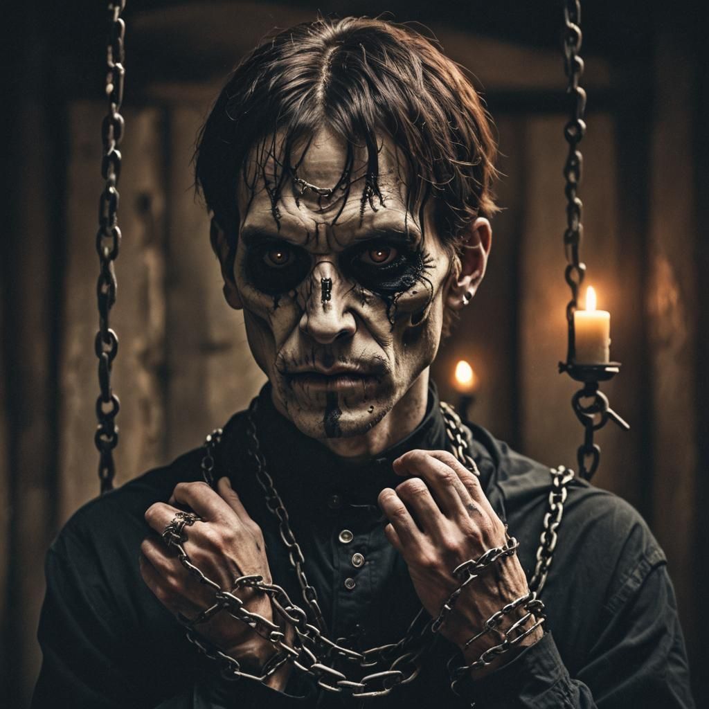 Eerie Gothic Portrait: Ghostly Man with Skull Eyes