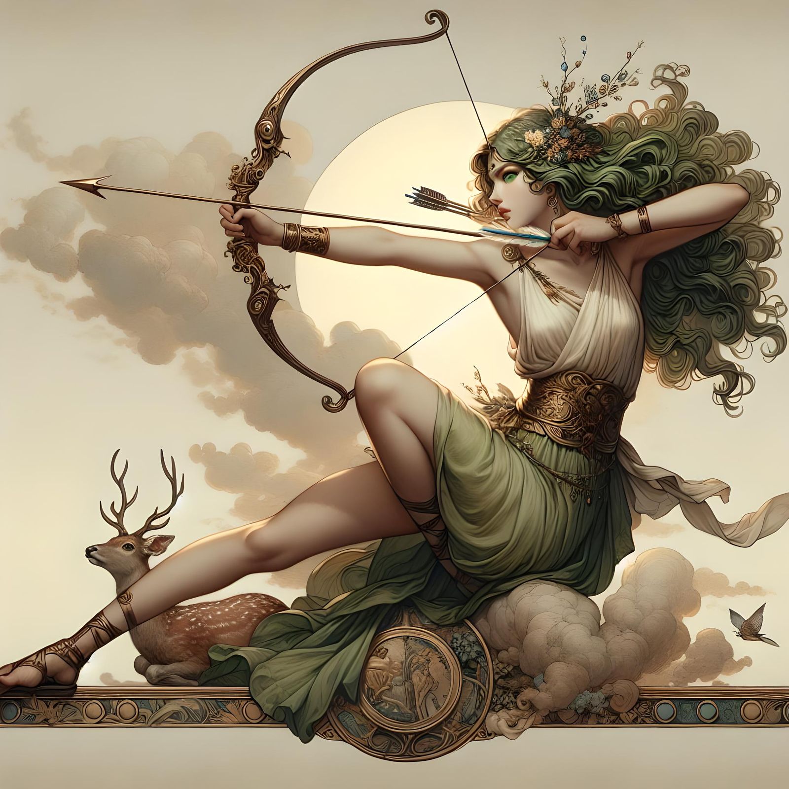 Goddess Diana: Arrow's Release in Baroque Art Nouveau