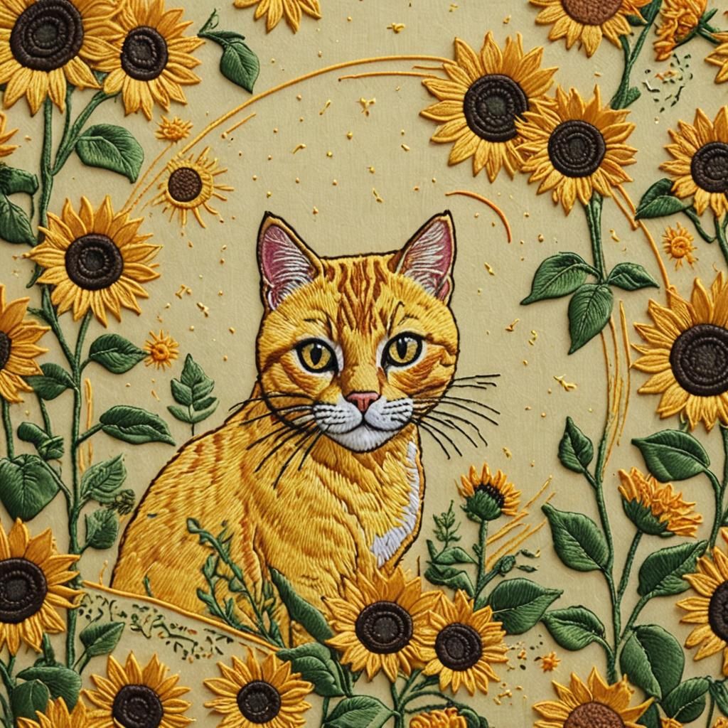 Embroidered Yellow Cat with Sunflowers