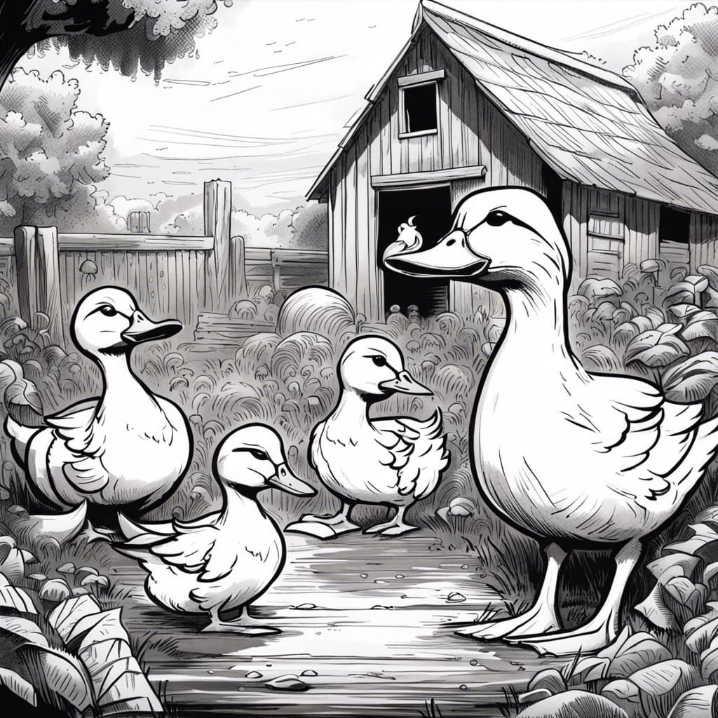 Duck Family on Farm: Black and White Comic Sketch